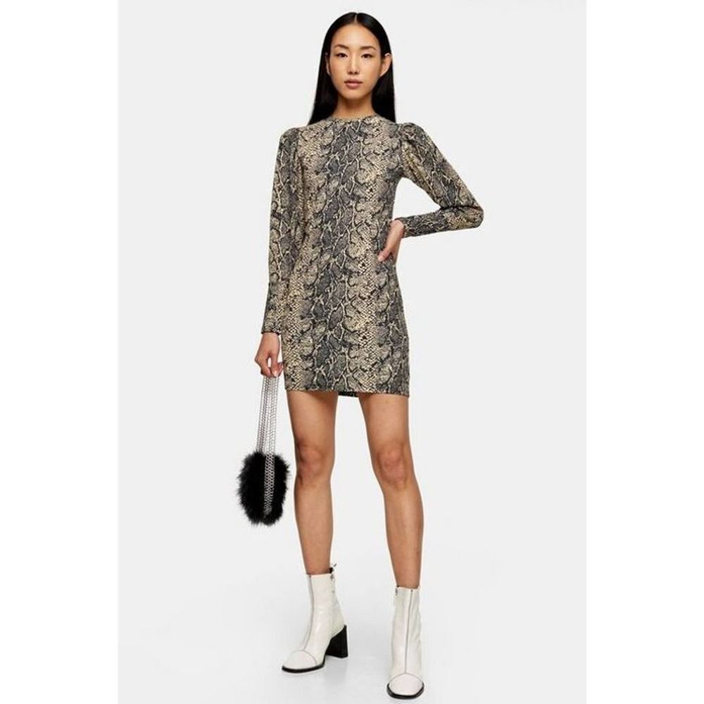 Topshop Crinkle Gray Snake Print Long Mini Sleeve Dress NWT Womens 8